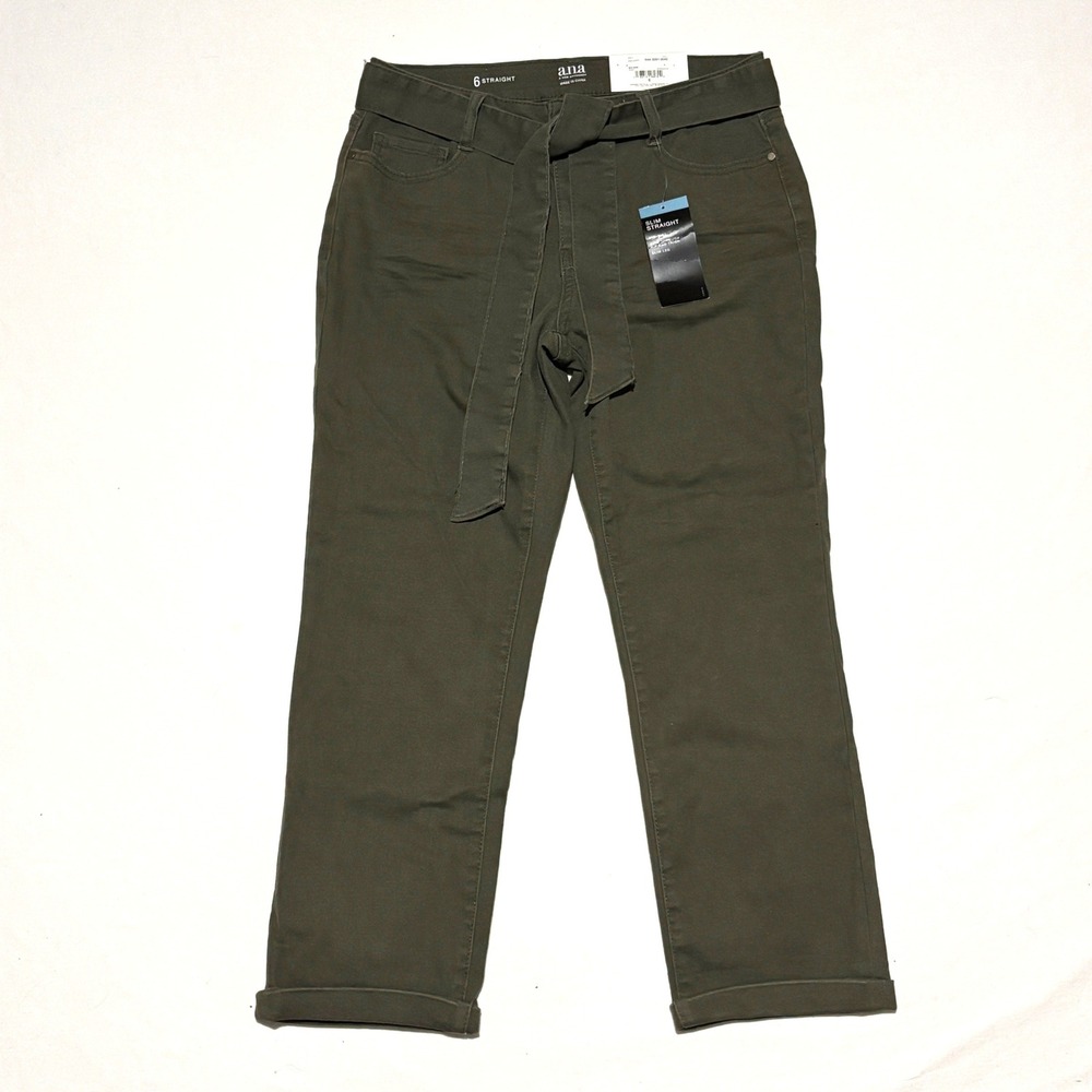 NEW a.n.a Slim Straight Pants Womens 6 Green Tie Waist Crop Gorpcore Earthy